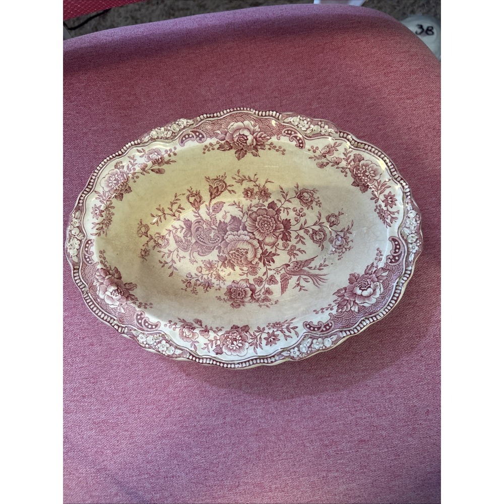 Vintage Crown Ducal Bristol Oval Serving Bowl Pink Red Transferware England 10"